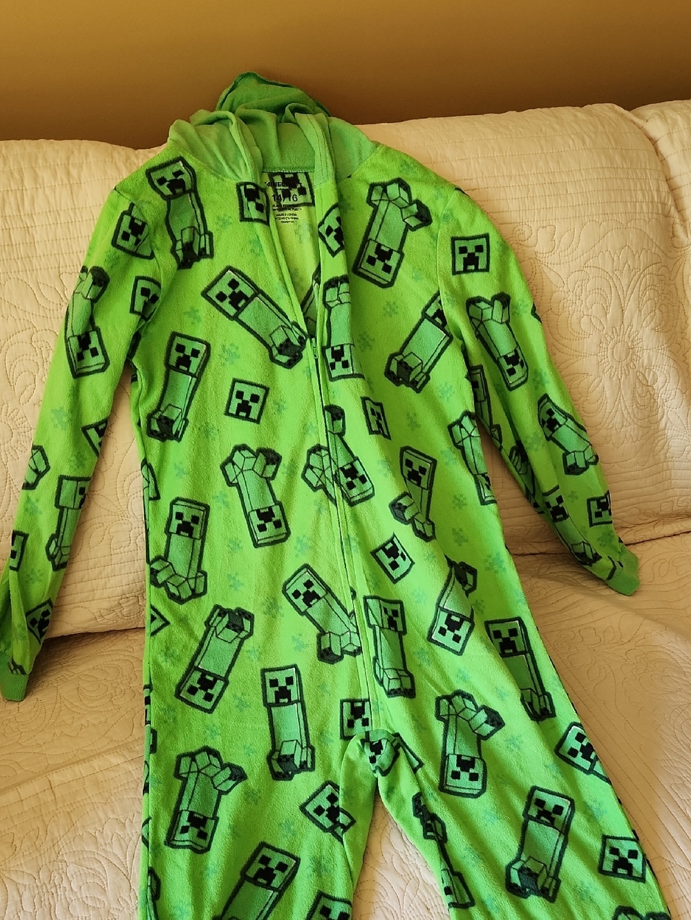 Kids' Green Creeper Fleece Pajama Onesie with Hood